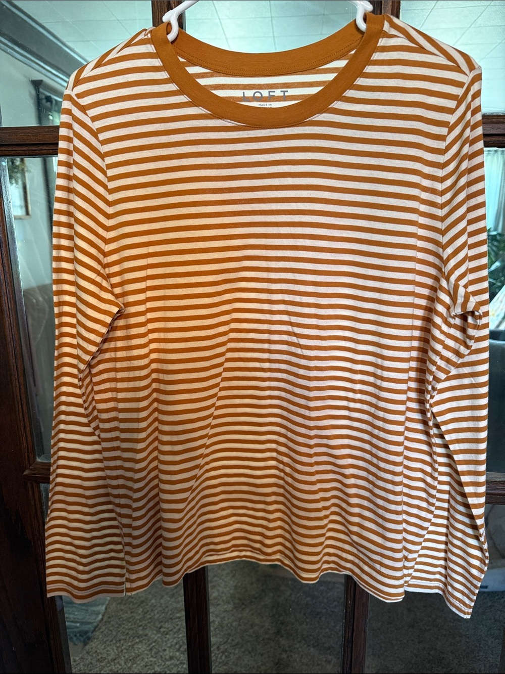 LOFT Long-Sleeve Striped Crewneck Top in Rust and White